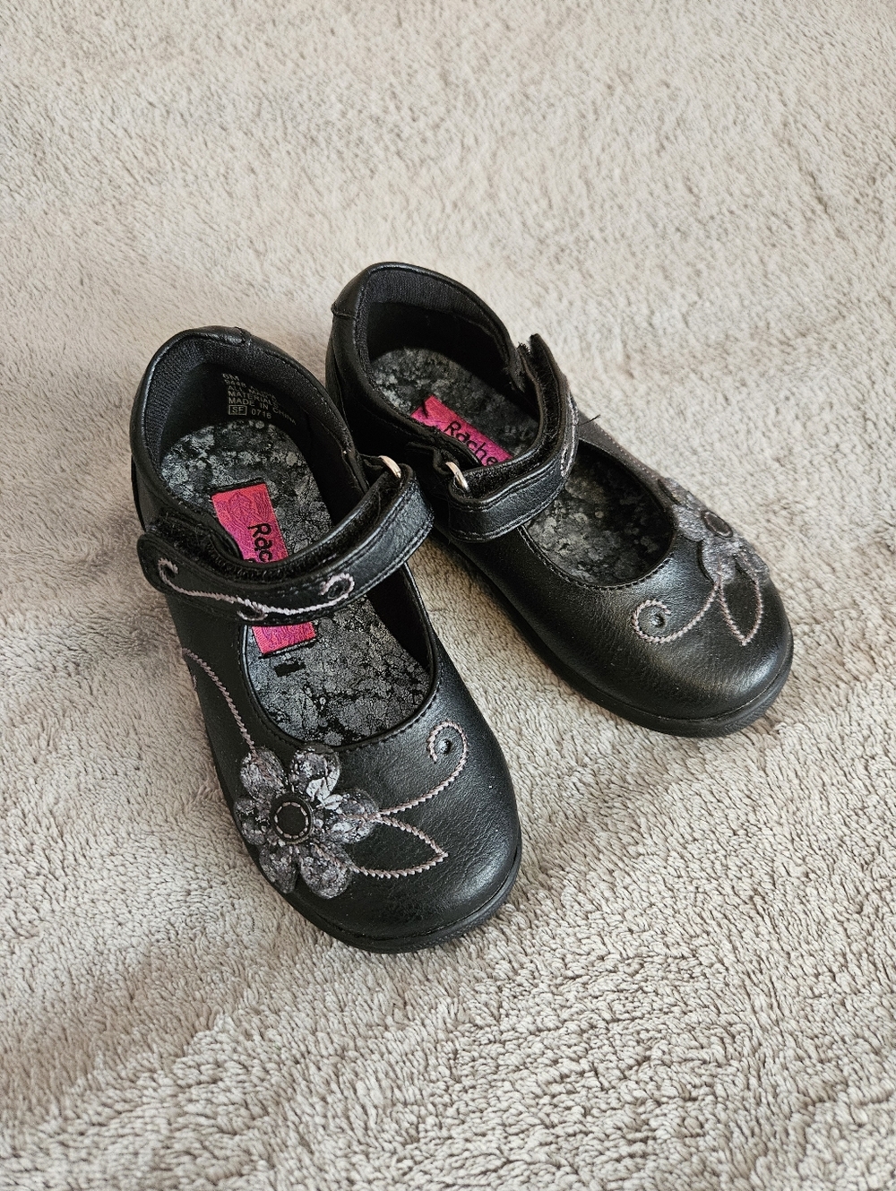 Rachel Shoes Black Mary Jane Floral Toddler Flats 6M